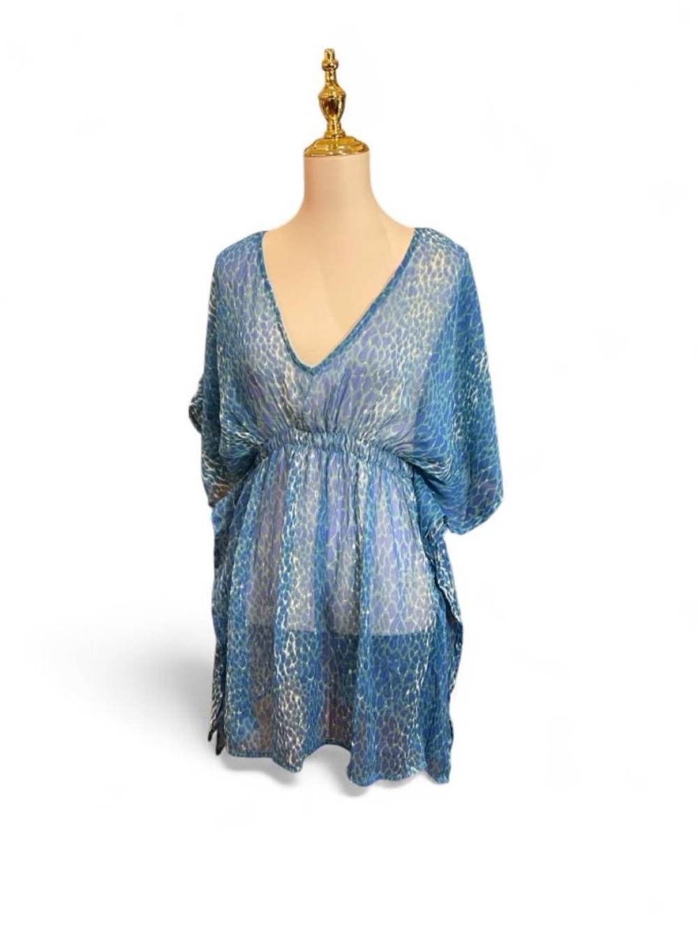 Sheer Blue V-Neck Women's Swim Coverup with Elastic Waist